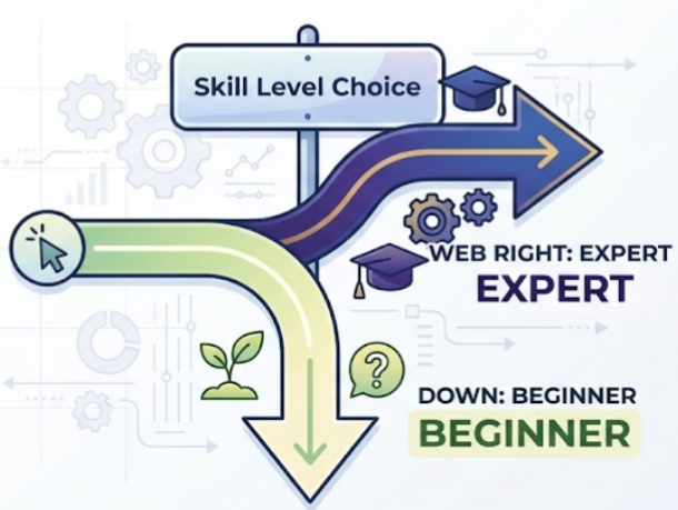 Skill level choice: right for expert, down for beginner